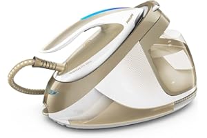 Philips Centrale Vapeur PerfectCare Elite - Puissance 2400W, Effet pressing 490g, Pression 7.2 bars, Technologie OptimalTEMP, Mode ECO, Semelle T-IonicGlide, Réservoir 1.8L, Blanc/Doré (GC9642/60)