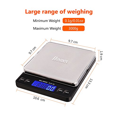 Homdox Digitale Küchenwaage, Briefwaage, Feinwaage, Hohe Präzision auf bis zu 0,1g (3kg Maximalgewicht), Tara-Funktion, LCD Display, Mini Electronische Multifunktionale Waage Edelstahl Silber - 5