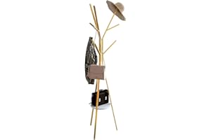 IOTXY Bodenständig Flur Kleiderständer Baum - Gold 180cm hoher Kleiderbügel mit Ablage und 9 Haken für Handtaschen-Jacken-Schal-Halter, Freestanding Metal Coat Rack Tree, Gold