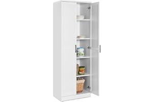 GiantexUK 177cm Tall Kitchen Cupboard, Wooden Storage Cabinet with Adjustable Shelves, 2 Doors & Anti-tipping Kits, Freestanding Display Sideboard Unit for Dining Living Room Pantry (White)