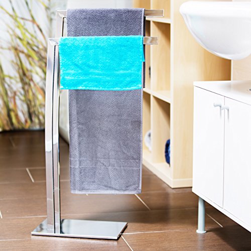 Relaxdays Handtuchhalter WIMEDO eckig H x B x T: ca. 80 x 32 x 20 cm freistehender Handtuchständer mit 2 Handtuchstangen und einem eckigen Standfuß als dekoratives Badaccessoire aus Edelstahl, silber - 2