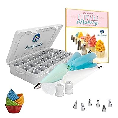 Swirly Bake 50 Pcs Douilles Poche à Douille Patisserie En Acier Inoxydable DIY Kits Réutilisable Pour Décoration De Gâteaux Crème (30x Douilles 2x Poches à Douille 10x Poches à Douille Jetables 4x Moules à Cupcake En Silicone 2x Coupleurs 1x E-boo…