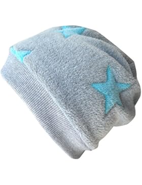 WOLLHUHN Warme Beanie-Mütze / Babymütze grau mit helltürkisfarbenen Sternen, Wellnessfleece, für Jungen und Mädchen...