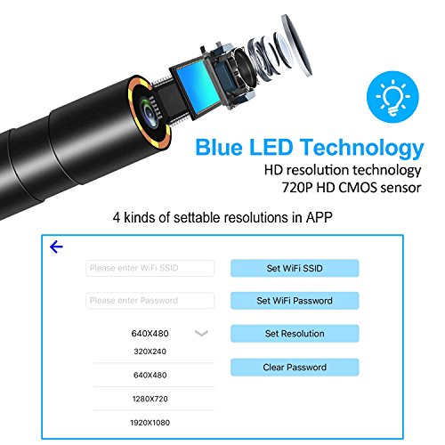 AQV Endoskop Kabelloses WiFi Endoskopkamera wasserdichte Inspektionskamera mit 2,0 Megapixel 720P HD halbsteife Kabel Boreskope Schlange kamera fÃ¼r Android und IOS Smartphone 5m