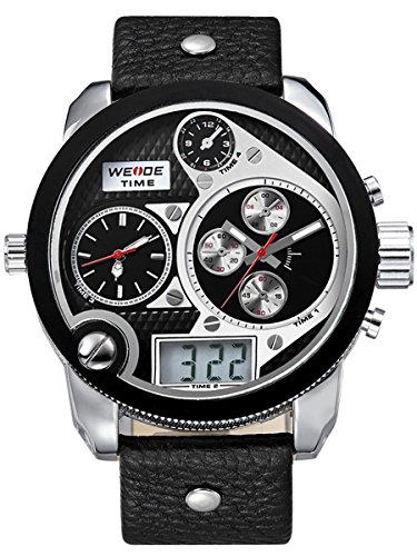 Alienwork DualTime Analog-Digital Armbanduhr Multi-funktion LCD Uhr XXL Oversized schwarz Leder OS.WH-2305-3