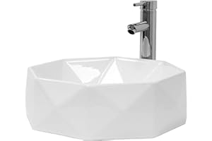 ML DESIGN MODERN LIVING ML-Design Lavabo in Ceramica Bianca Lucida Ø 420x135 mm Design a Diamante Lavandino da Appoggio Rotondo Moderno Bacinella Lavamani per il Bagno e Toilette Lavello con Scarico Standard