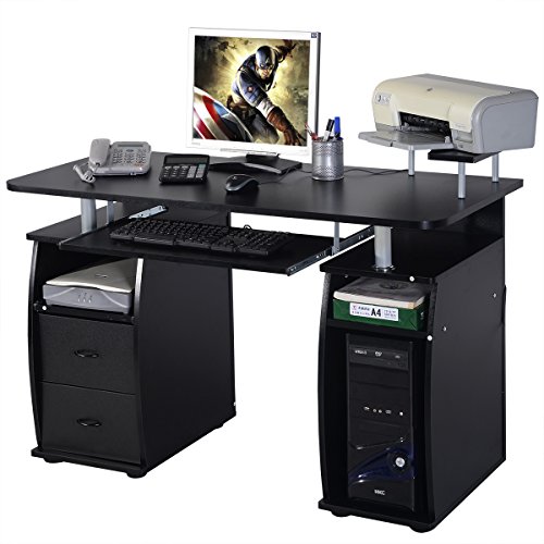 Table de bureau pour ordinateur PC avec tablette imprimante, tablette à clavier, 2 tiroirs et plate-forme de moniteur