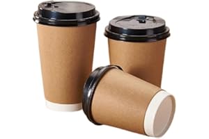 M7 Packaging Lot de 50 gobelets en papier kraft jetables avec couvercles noirs pour boissons chaudes et froides, cappuccino, expresso, 230 ml, marron avec couvercles noirs