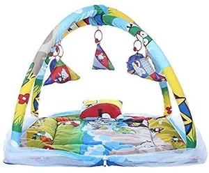 JEEYA Decor Baby Bedding Set with Mosquito Net Newborn Play Activity Gym with Hanging Toys Sleeping Bed for New Born Babies, Polycotton, 0-12 Months (78 * 63 * 58 cm, Blue)