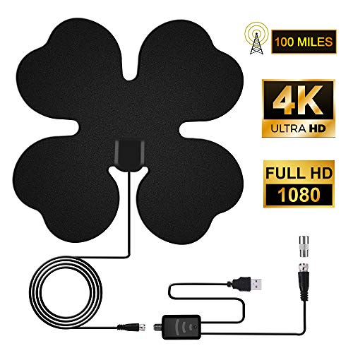 Antena de TV,Abwei Interior Antena HDTV 100 Millas Rango Recepción con Amplificador de Señal y 4M Cables de Alto Rendimiento de Señal 1080p para DVB-T,DVB-T2 H.265?Negro?