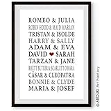 ABOUKI Traumpaar Nr. 6 - Berühmte Paare, personalisierter Kunstdruck - ungerahmt - mit Wunschnamen, Fine-Art-Print, Typografie, Poster, Bild, Druck als Geschenk-Idee zum Geburtstag, Valentinstag, Jahrestag, Hochzeit, Heirat, Verlobung, Ehe, Gastgeschenk