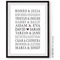 ABOUKI Traumpaar Nr. 6 - Berühmte Paare, personalisierter Kunstdruck - ungerahmt - mit Wunschnamen, Fine-Art-Print, Typografie, Poster, Bild, Druck als Geschenk-Idee zum Geburtstag, Valentinstag, Jahrestag, Hochzeit, Heirat, Verlobung, Ehe, Gastgeschenk
