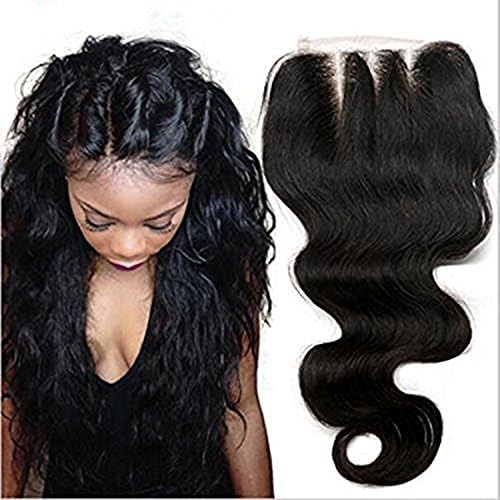 Unprocessed Human Brazilian Body Wave Lace Closure Top Quality Virgin Hair 4*4 Bleached Knots Free/Three/ Middle Part Selected 1b Natural Black (14", Three part)