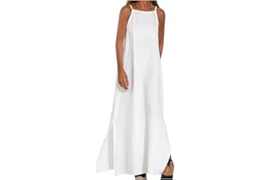 OVARA Vestido de verano sin mangas para mujer, con tirantes delgados, algodón y lino, vestido largo de ajuste clásico, elegante, casual, liso, con abertura lateral