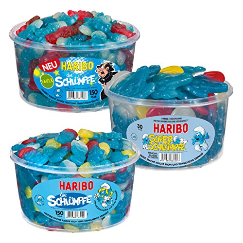 Haribo Die Schlümpfe Runddosen 3er Set, Super Sauer Schlumpf, Weingummi, Fruchtgummi, Dosen