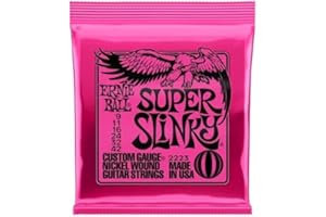 BE! Ernie Ball Super Slinky Guitar Strings - includes spare E (9) string and 6 free Giocoso plectrums