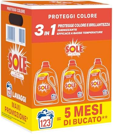Sole Detersivo Lavatrice Proteggi Colore 123 Lavaggi, Formula igienizzante, Detersivo Lavatrice Liquido Proteggi Colore, rimuove le macchie a basse temperature