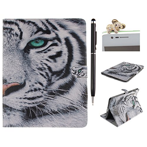 iPad 4 Lederhülle - Felfy Slim Full Body Weiß Tiger Sharp Grünen Augen Muster PU Case Cover Etui Schutz Hülle Tasche für Apple iPad 2 / iPad 3 / iPad 4 + 1x Koala Anti Stöpsel + 1x Black Stylus
