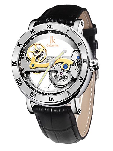 Alienwork IK Reloj Mecánico Automático Relojes Automáticos Hombre Mujer Piel de Vaca Negro Analógicos Unisex Plata Impermeable 5 ATM Esqueleto