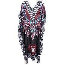 Mogul Interior Women Lounge Caftan Black Brown Printed Kimono Kaftan Maxi Dress One Size