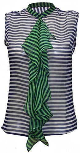 Attuendo Women's Front Frill Sleeveless Top with Nautical Print and Stripes (Large (UK Size:12))