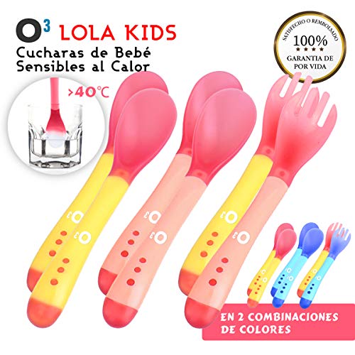 O³ Cucharas Silicona Bebe 6 Uds (4 Cucharas + 2 Tenedores) - 2 Versiones | Cucharas Sensibles Al Calor - Cucharas Silicona Bebé Cambian Color A Más De 40°C - Sin BPA - Aptas Para Lavavajillas (Rosa)