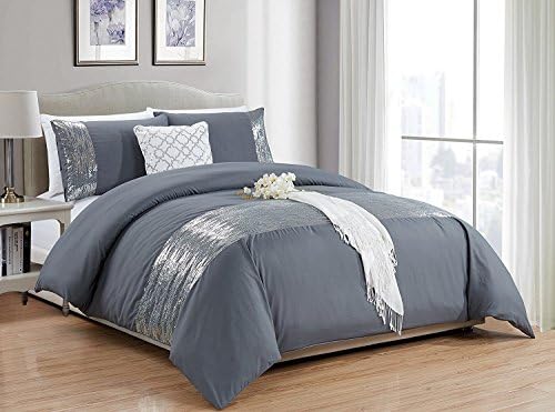 Supreme Luxury 3 PC (Piece) Duvet Set (Grey Sequin, Double (200 x 200 CM)) | Comforter Set Quilt Duvet Cover for Bedroom Including Pair of Matching Pillow Cases