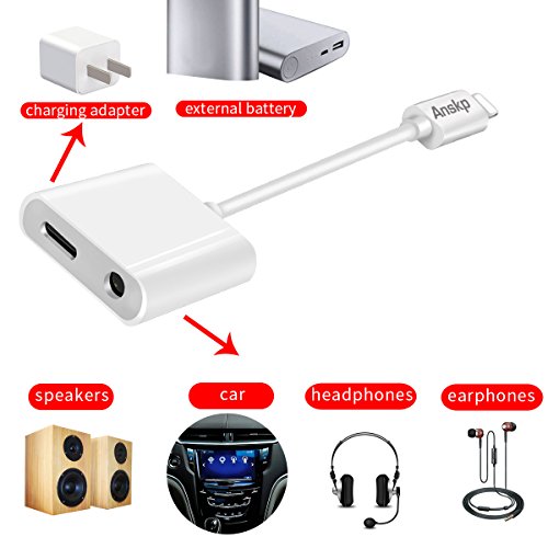 Lightning to 3.5mm Audio Adapter for iPhone 7 Plus, Anskp 2 in 1 Lightning Charger and 3.5 mm Aux Headphone Jack Cable[Support iOS 10.3.1][No Calling Function and Music Control] for iPhone 7/7 Plus-White