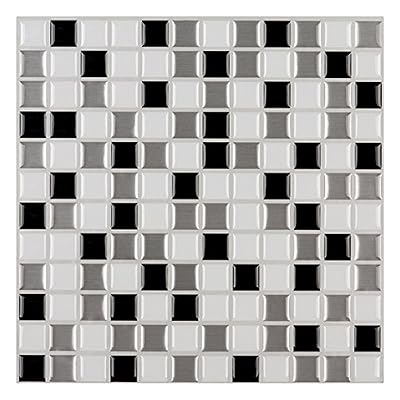 Ecoart 3D Autocollant Mural Imperméable Auto-adhésif en mosaïque pour la salle de bain et la cuisine Noir, gris et blanc 25.4 x 25.4cm Lot de 6