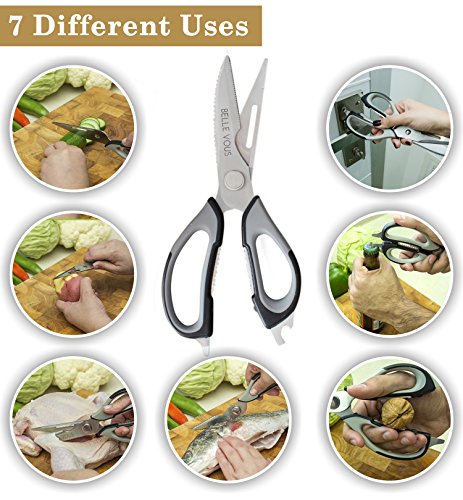 7-in-1 Magnetische Küchen Schere mit Etui von Belle Vous – Edelstahl Auseinandernehmbare Schere zum Schneiden von Fleisch, Knochen, Kräutern, Pizza, zum Schälen von Gemüse, zum Öffnen von Flaschen und noch mehr! – Spülmaschinenfest