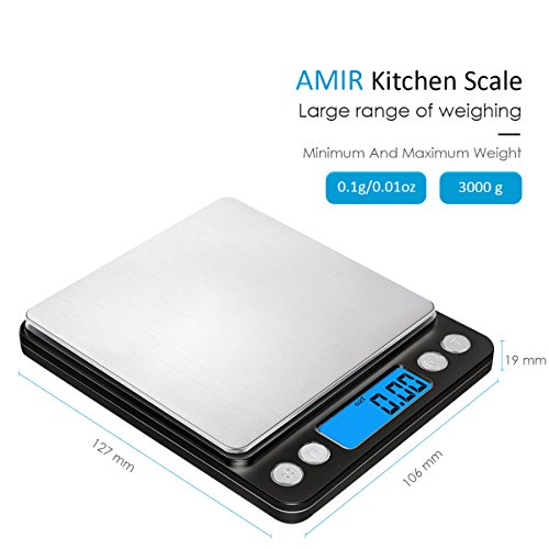 Amir Digitale Küchenwaage,Mini Waage /hohe Präzision auf bis zu 0,1g (3kg Maximalgewicht), Tara-Funktion, ideal zum Messen von Zutaten, Schmuck, Reis, Mehl, Gold, Edelsteinen, Briefen, Briefmarken - 3