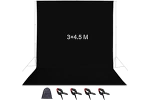 SPARDAR Sfondo Fotografico, 3 x 4,5M Telo Nero per Video, 4 x Morsetti a Molla e 1 x Borsa di trasporto, Sfondo Pro Pieghevole di Materiale Cotone per fondale fotografico, Video e Televisione