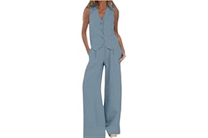 EQWIGKEIT Dos piezas de verano elegante blazer chalecos con botones y pierna ancha pantalones de 2 piezas sin mangas traje de negocios mujer verano casual viaje traje de mujer trajes de pantalones