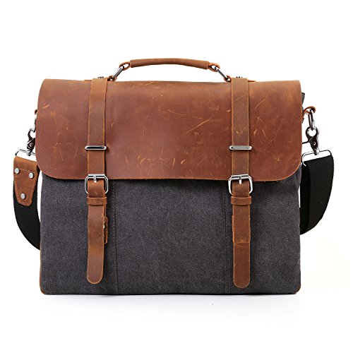 ECOSUSI Vintage Canvas Leder Aktentasche Umh  ngetasche Passt f  r Max 15 6  Laptop - Steckschnalle
