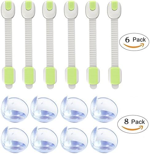 Child Safety Locks + Safety Corner Protectors Guards | Baby Safety Cupboard Cabinet Locks 6 Pcs + 8 Pcs Corner Guards for Child and Baby (Green)