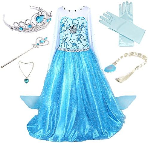 Anebalrui Girls New Princess Party Costume Long Dress Up + Gloves + Tiara Crown + Necklace + Wand + Glove (7-8 Years, #01 Dress&Accessories)
