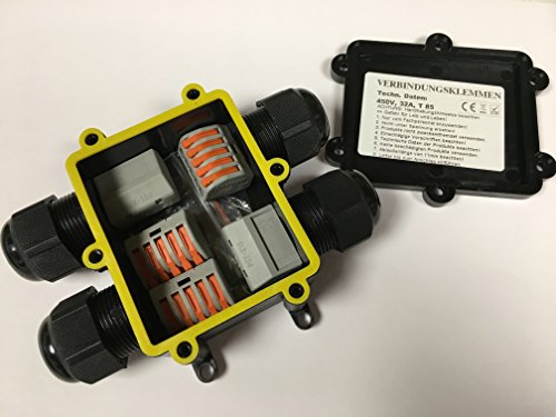 NEUHEIT : JUMBO-Verbindungsbox 4-fach mit 4x M20 Kabeleinführung (extra gross), inkl. Verbindungsklemmen, IP68, Kabelmuffe wasserdicht, Verbindungsbox 220V - 240V Erdkabel mit 3, 4 oder 5 Adern (0,75 - 4,0 mm2 Querschnitt) für den professionellen Einsatz