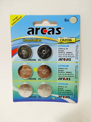 Preisvergleich Produktbild ARCAS 6er Pack Knopfzellen CR2016 3 Volt Lithium