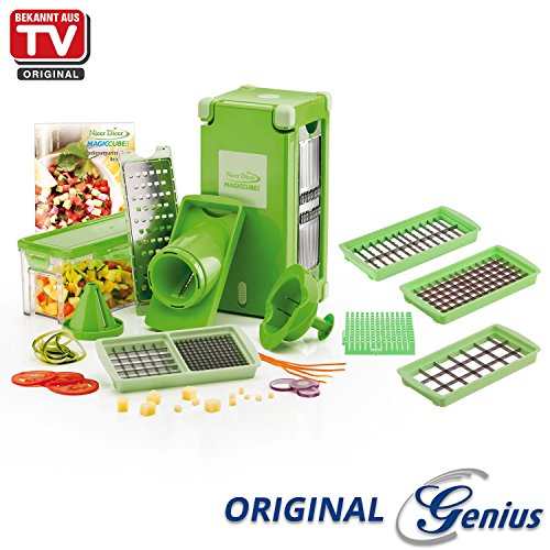 Genius Nicer Dicer Magic Cube | 16 Teile | inkl. XXL-Messereinsätze | Schneiden | Reiben | Julienne | Spiralen | Hobeln | Würfeln | Obst- und Gemüseschneider | Bekannt aus TV | NEU