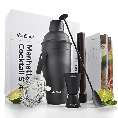 VonShef Edelstahl Manhattan Cocktail Set mit gedrehtem Barlöffel, Hawthorne-Sieb, 25ml/ 50ml Messbecher, Holz-Stößel, 550ml Shaker & Rezeptbuch - Matt Schwarz, Zwei Jahre KOSTENLOSE Gewährleistung