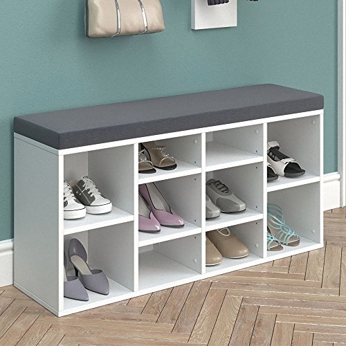 Schuhschrank 10 Schuhe Schuhbank Schrank Bank Regal Auflage Sitzbank – Weiß – 104×53,4x30cm (BxHxT) – inkl. Sitzauflage Anthrazit - 3