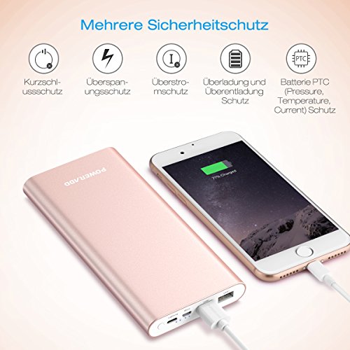 Poweradd 20000mAh Powerbank Externer Akku mit Micro USB und Lightning Eingang, 2 AusgÃ¤nge bietet jeden Anschluss Max. 3,0 Ampere Ladestrom fÃ¼r iPhone und Android Smartphones