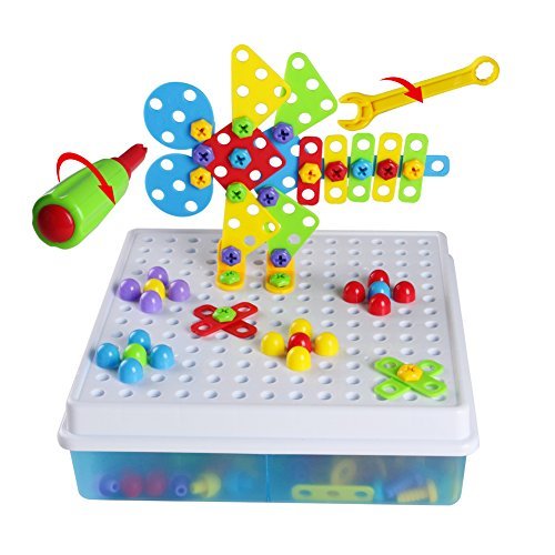 jerryvon 3D 4 en 1 Mosaico Creativo DIY Bloques de Construcción Montaje Inteligencia Juguetes con Herramientas y Tornillos para Niños, 189 Piezas