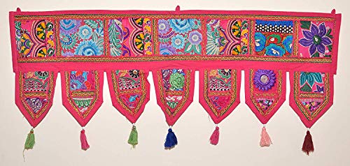 GANESHAM Cotton Ethnic Vintage Patchwork Door Hanging Valances Window Valances Hand Embroidered Patchwork Toran Boho Bohemian Decor Living Room Decor Wall Decor (Pink, L-101 X W-50 cm)