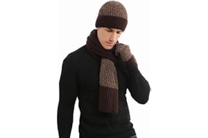 Hilmocho Herren Hut Schal Handschuhe Set 3 in 1 Winter Warm Gestrickte Mütze Lange Schal Touch Screen Handschuhe Geschenk Set