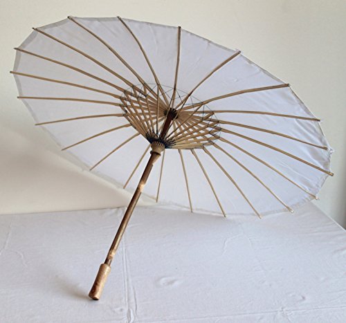 Sonnenschirm 006, Dekoschirm aus Kunstfaser, wasserfest in weiss aus Bambus mit Holzgriff - 2