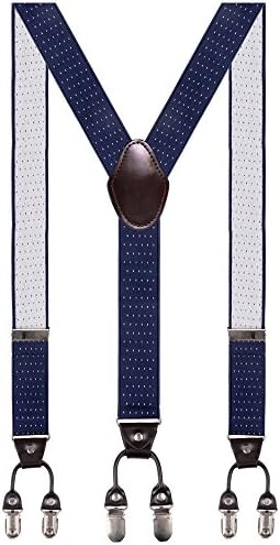 Men Braces 35mm Standard Adjustable and Elastic Suspenders Y Shape with 6 Strong Clips - Heavy Duty Dark Blue Dot