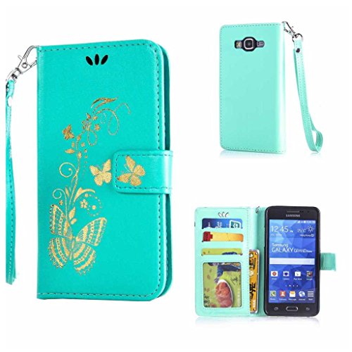 Galaxy Grand Prime Hülle Ledertasche [mit Frei Hartglas Displayschutzfolie], KKEIKO® Schutzhülle PU Leder Tasche Hülle Case für Samsung Galaxy Grand Prime, Wickelfalz Handyhülle mit Bändselloch Standfunktion Karteneinschub und Magnetverschluss, Kratzfeste Lederhülle Flip Wallet (Schmetterling #1)