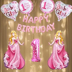 FI - FLICK IN 21 pcs Latex First Birthday Princess Decorations Baby Girl Combo Heart Foil Balloon Led Light Decor Kids Bday Room Decoration Items Birthday Decoration Items for Girl (Pack of 21, Pink)