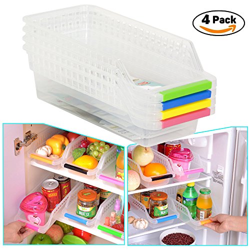 CrazySell Refrigerator Durable Storage Organizer Fruit Handled Kitchen Collecting Box Basket Rack Stand Basket Container (4Pcs) by CrazySell